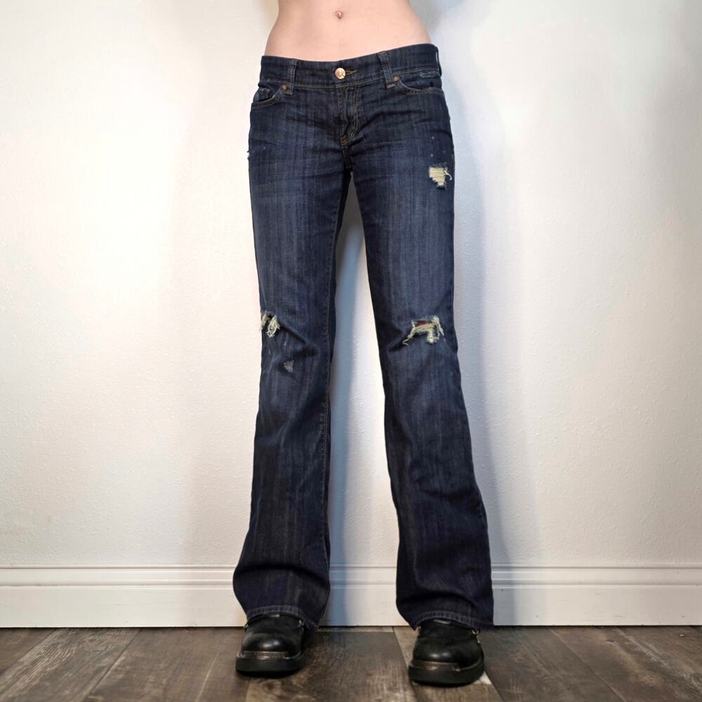 Dark Wash Flare Jeans Low Rise Distressed Bootcut Denim Size 29 Y2K